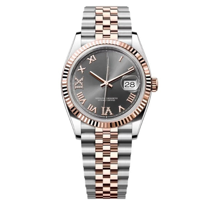 Datejust 126231 - Dunkel Rhodium Zifferblatt, Geriffelte Lünette, 36mm