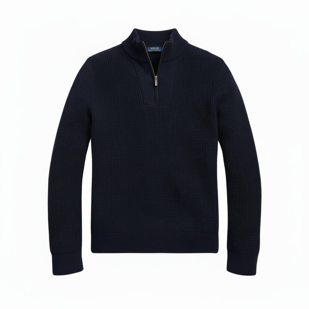 Waffelstrick Wolle-Baumwolle Pullover Mit Viertelreißverschluss