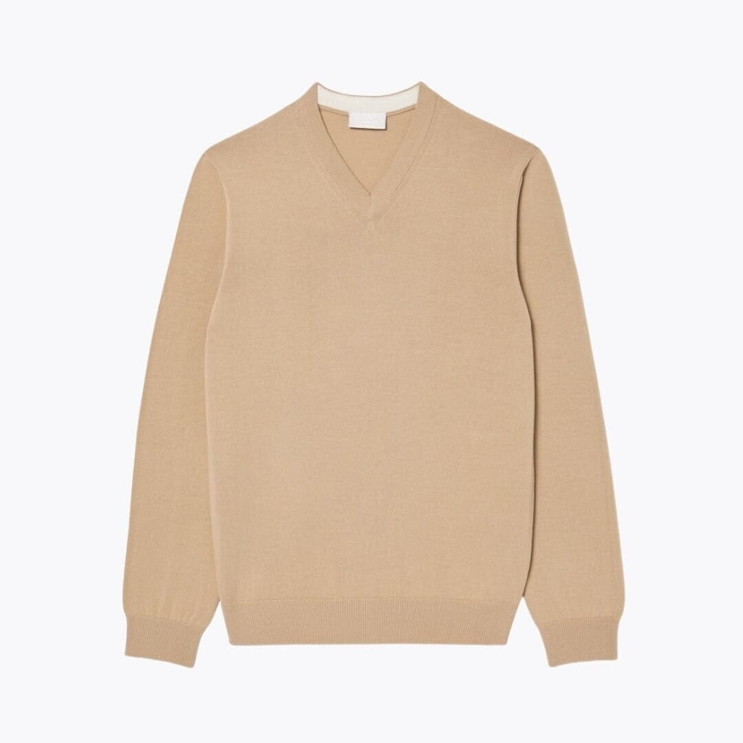 Einfarbiger Baumwoll-Pullover Mit V-Ausschnitt