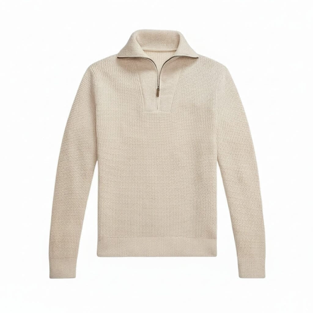 Waffelstrick Wolle-Baumwolle Pullover Mit Viertelreißverschluss