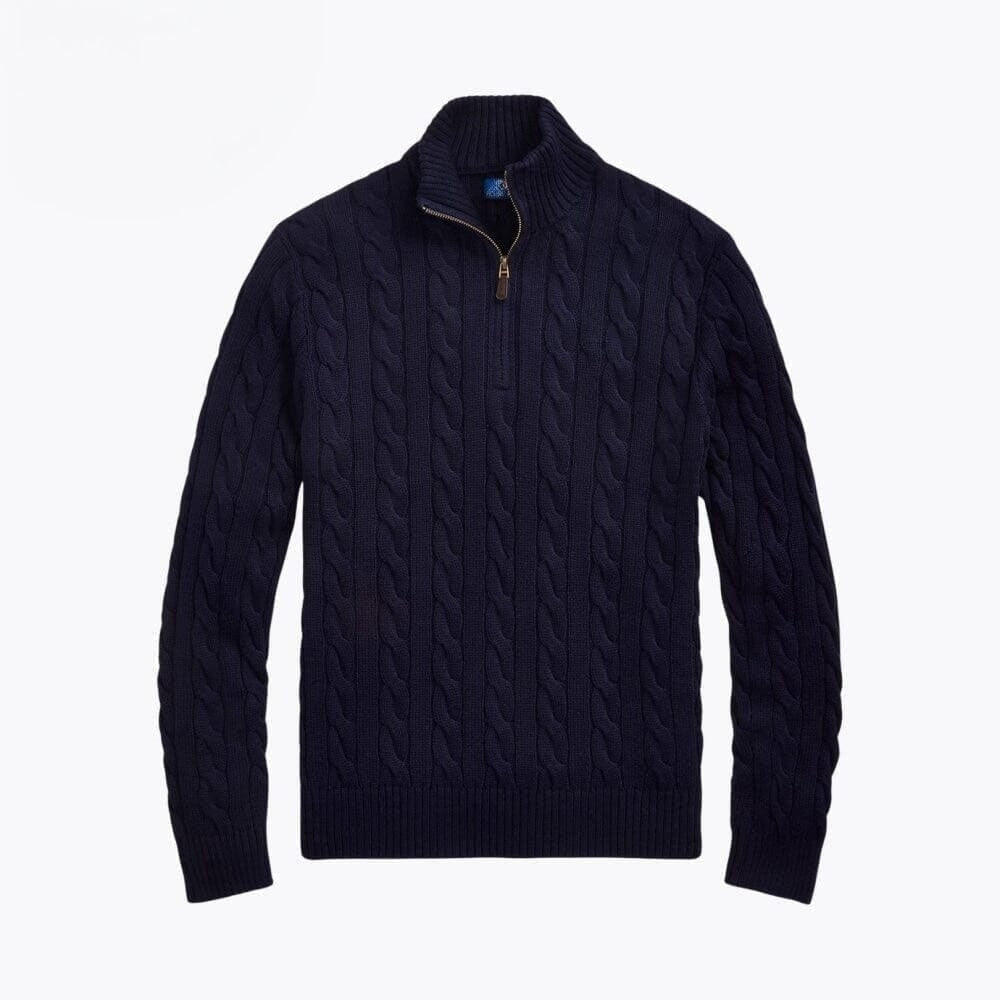 Grobstrick Baumwoll-Pullover Mit Zopfmuster Und Viertel-Reißverschluss